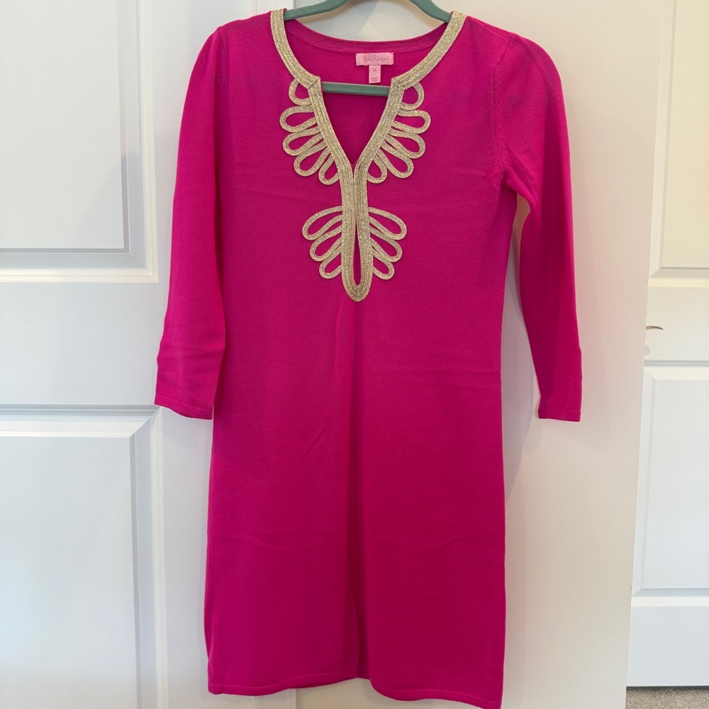 Lilly Pulitzer Pink Midi Dress with Gold Accents